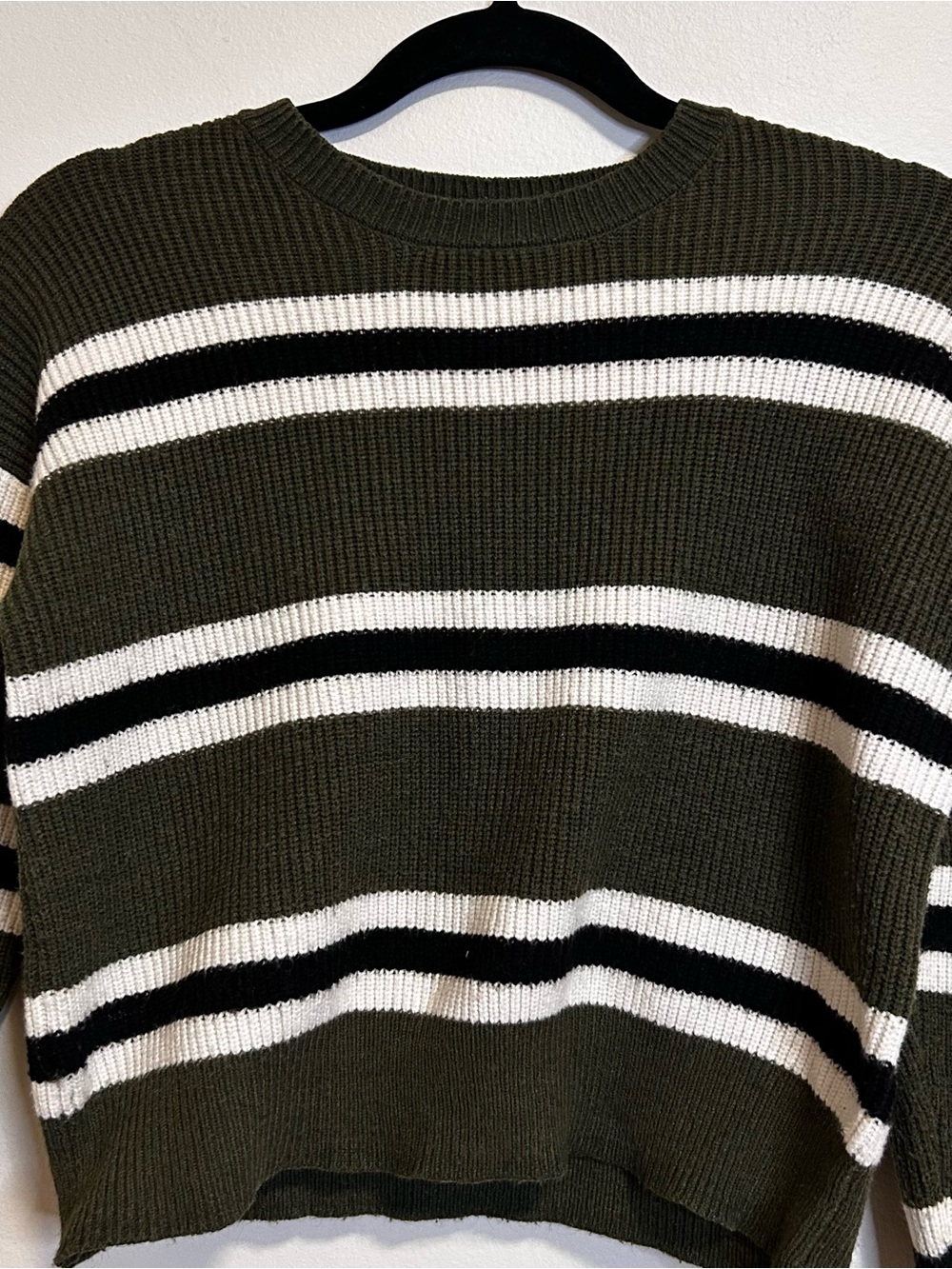 Olive Crewneck Sweater with Black & White Stripes